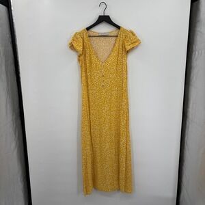 Basement Womens Floral V-Neck Midi Dress Small Yellow Flutter Sleeve Sundress